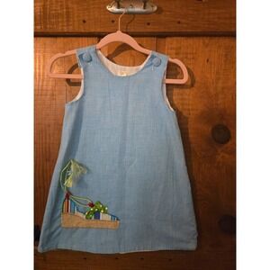 POTATO SAKS Girls Blue Gingham Beach Applique Jumper Dress Size 5 Made in USA